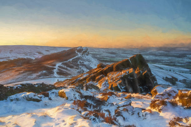 Digital painting of a Hen Cloud winter sunrise and snow at The Roaches, Staffordshire. Digital painting of a Hen Cloud, and The Roaches at sunrise during winter in the Peak District National Park. outcrop stock pictures, royalty-free photos & images