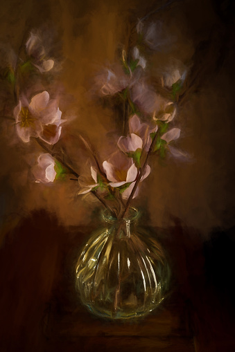 Digital painting of a bouquet of spring pink flowers in a glass vase isolated against a wood background.