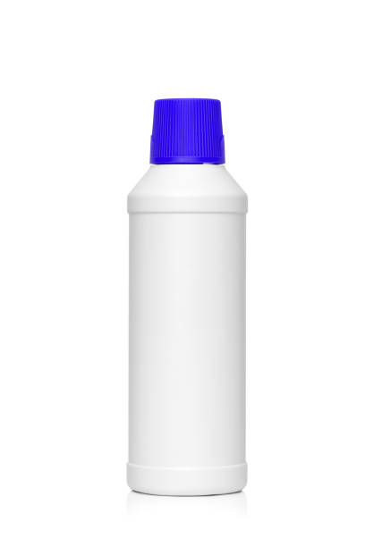 istock Small blank white plastic bottle with blue screw cap, isolated against white background 1308435560