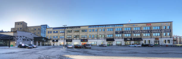 Panorama of the Historic Lang Tannery Building in Kitchener, Ontario, Canada A Panorama of the Historic Lang Tannery Building in Kitchener, Ontario, Canada,  built in the 1850s as the Lang leather tannery and now used for commercial businesses kitchener ontario photos stock pictures, royalty-free photos & images