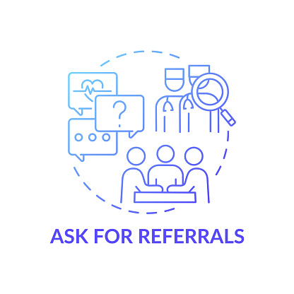 Ask for referrals blue gradient concept icon. Professional clinical help. Find expert therapist. Choose family doctor idea thin line illustration. Vector isolated outline RGB color drawing