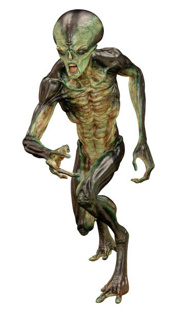istock 3D illustration green alien on white 1308439221
