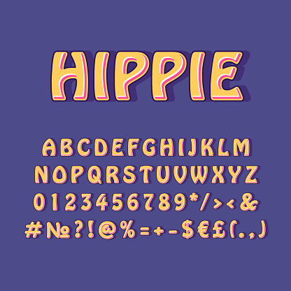 Hippie vintage 3d vector alphabet set. Retro bold font, typeface. Pop art stylized lettering. Old school style letters, numbers, symbols pack. 90s, 80s creative typeset design template