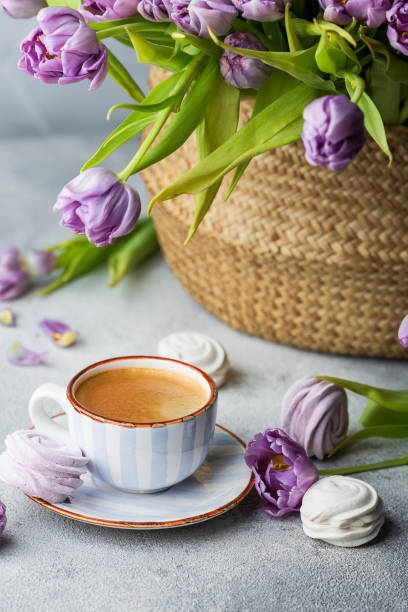 istock Spring Flat lay with coffee, tulips and marshmallows 1308441563