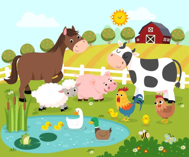 Vector illustration of Vector illustration cartoon of happy farm animals.