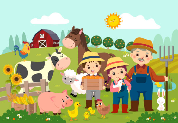 ilustraciones, imágenes clip art, dibujos animados e iconos de stock de ilustración vectorial caricatura de granjero feliz y niños con animales de granja en la granja. - cartoon cow cute vector