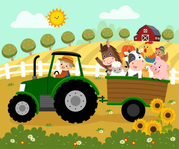 Vector illustration of Vector illustration cartoon of happy elderly farmer driving a tractor with a trailer carrying farm animals on the farm.