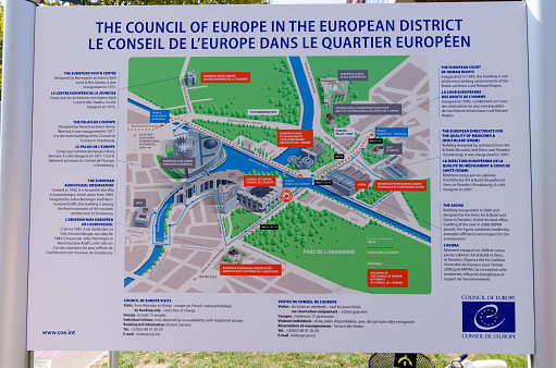 Strasbourg, France. August 2019. Tourist information signs for the council of europe in the european district. Beautiful summer day.