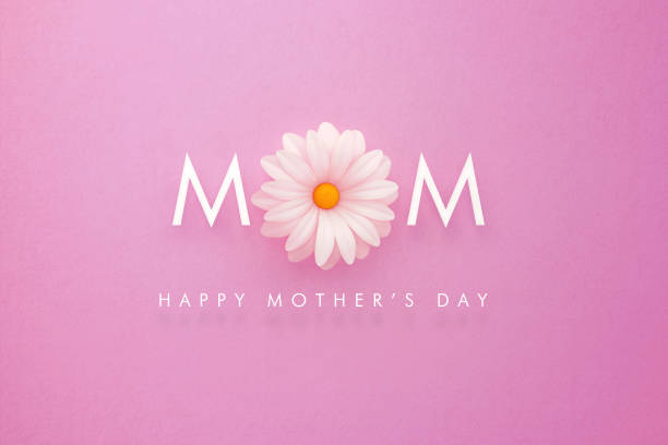 Happy Mother's Day message written below mom text formed by white daisy over pink background. Mother's Day concept. Horizontal composition with copy space.
