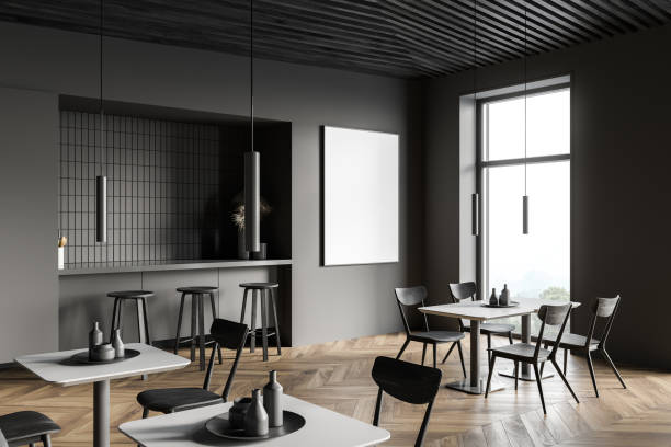 istock Modern gray pub conrer with bar counter, tables and poster 1308445332