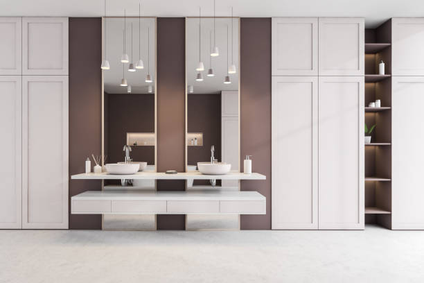 istock Modern bathroom with brown and white shelf, concrete floor, comfortable white double sink. 3d rendering 1308445518
