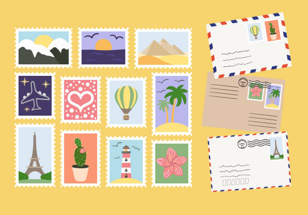 ilustraciones, imágenes clip art, dibujos animados e iconos de stock de conjunto de correos y sellos postales con atracciones mundiales, paisajes. concepto de enviar carta de amor y amistad. ilustración vectorial dibujada a mano. - postage stamp postmark mail paris france