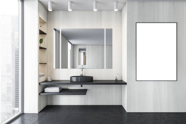 istock Mockup frame in black and white bathroom with sink and tiled floor 1308446546