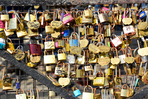 Heart-shaped padlock with intertwined hearts, copy space