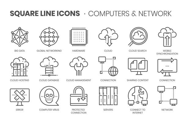 ilustraciones, imágenes clip art, dibujos animados e iconos de stock de ordenadores y red, conjunto de iconos de línea cuadrada - red informática