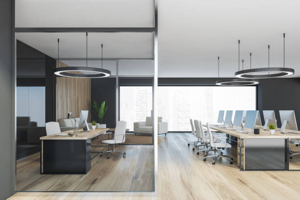 istock Wooden office room with white armchairs and computer, consulting room 1308449433