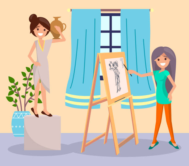 ilustrações de stock, clip art, desenhos animados e ícones de artist drawing portrait young greek girl with vase, leisure time during quarantine isolation - artboard