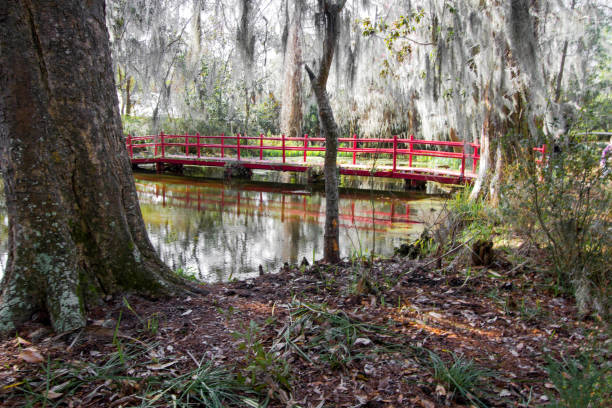Red Pedestrian Footbridge At Magnolia Gardens