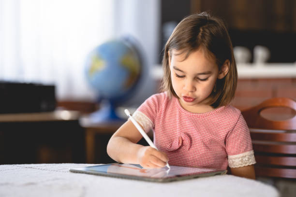 istock Little Child Girl Drawing On Digital Tablet Using Digitized Pen 1308451758