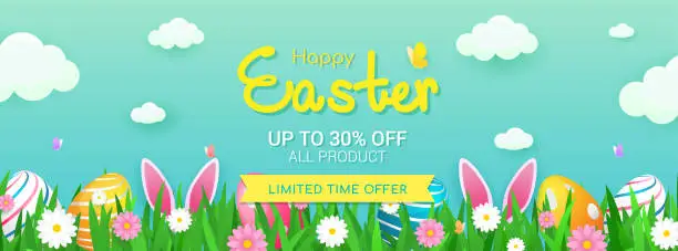 Vector illustration of Happy Easter Sale Banner Vector illustration. Rabbit ears and Easter eggs in spring meadow