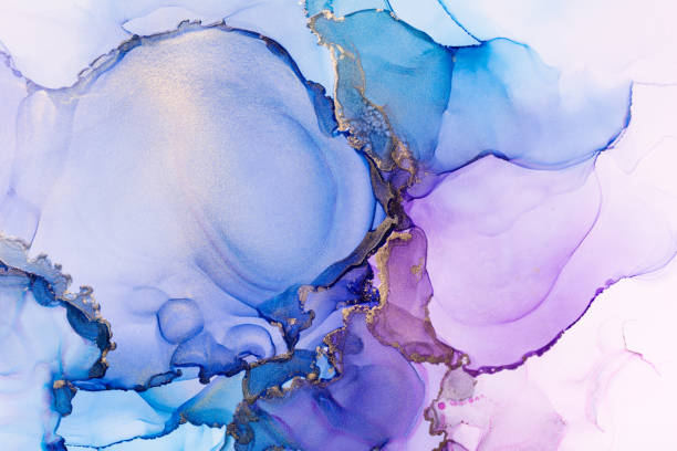 Purple, blue and shiny golden alcohol ink abstract texture