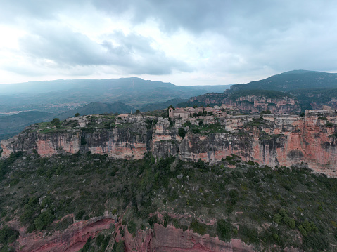 Aerial footage recorded with drone flying over the stunning Siurana town in top of cliff
