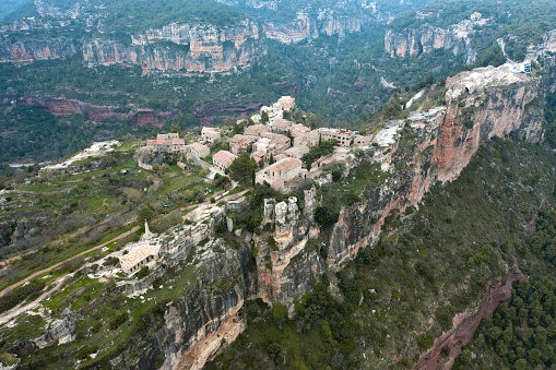 Aerial footage recorded with drone flying over the stunning Siurana town in top of cliff
