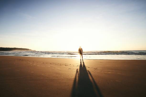 istock Silhouette of lonely person on empty beach 1308455041