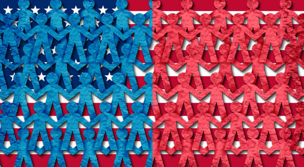 Blu And Red States Of America Blue and red states of america as American people joining together with conservative right wing and liberal left wing population with a US flag in a 3D illustration style. left wing politics stock pictures, royalty-free photos & images