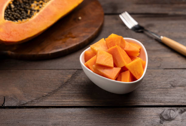 istock Sliced ripe papaya fruit on white plate ready to eat 1308456696