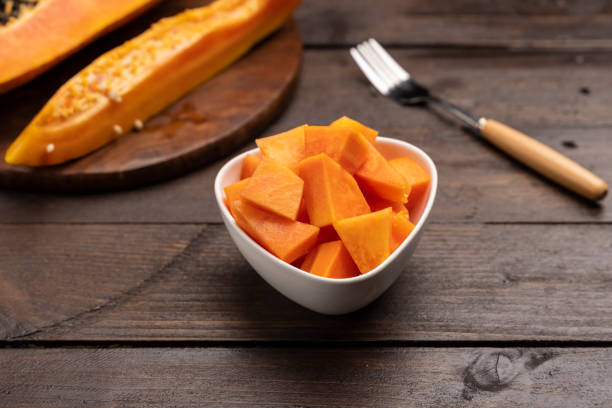 istock Sliced ripe papaya fruit on white plate ready to eat 1308457499