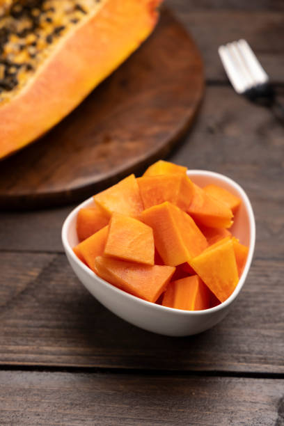 istock Sliced ripe papaya fruit on white plate ready to eat 1308457578