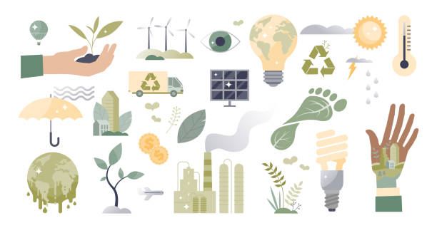 ilustrações, clipart, desenhos animados e ícones de ação climática e estilo de vida sustentável definem conceito de pessoa minúscula - environmental footprint