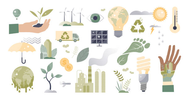 климатические действия и устойчивой окружающей среды образ жизни установить крошечные концепции человека - footprint carbon environment global warming stock illustrations