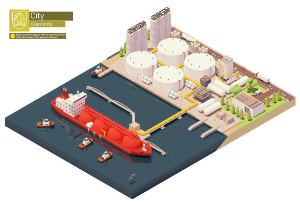 Vector LNG carrier ship bunkering in LNG terminal Vector LNG carrier ship bunkering in LNG terminal. Tanker loading Liquefied Natural Gas at trading terminal. Vessel bunkering at gas storage lng liquid natural gas stock illustrations