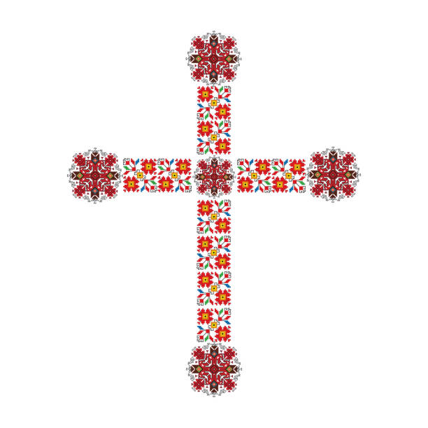 illustrazioni stock, clip art, cartoni animati e icone di tendenza di croce religiosa ricamata con fiori. - needlecraft product embroidery cross stitch flower