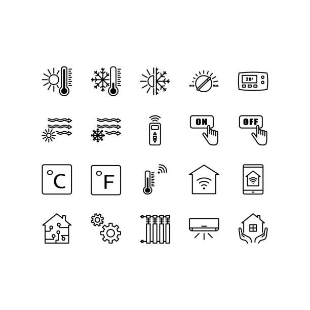 Climate control icon set. Heating, ventilating and air conditioning symbols. Outline set of climate control systems vector icons for web design isolated on white background. Editable stroke Climate control icon set. Heating, ventilating and air conditioning symbols. Outline set of climate control systems vector icons for web design isolated on white background. Editable stroke. fever stock illustrations