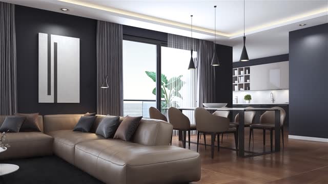Modern minimalist apartment interior. Living room with kitchen and dining room.