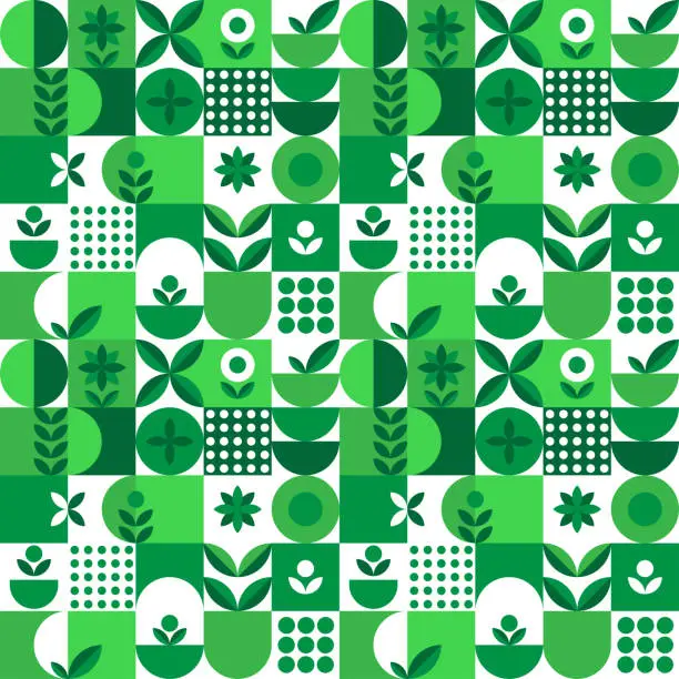 Vector illustration of Microgreen pattern geometry in abstract style on green background. Vector design template. Nature illustration. Botanical background. Flat style. Creative floral texture.