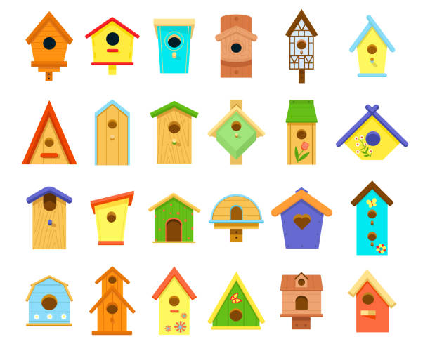 деревянные разноцветные теплицы различной формы, изолированные на белом фоне - birdhouse stock illustrations