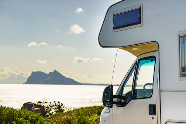 istock Caravan on spanish coast, Gibraltar rock on horizon 1308466206