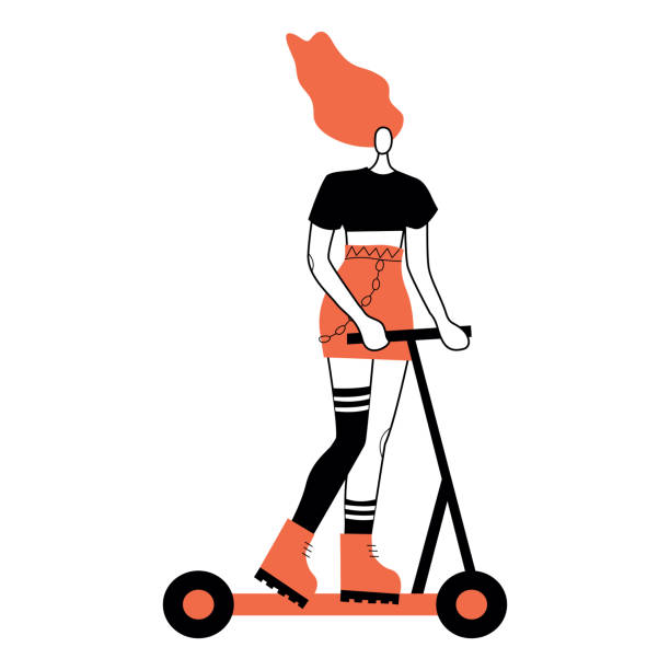 istock Vector illustration with woman riding kick scooter. Cartoon charcater. 1308468147