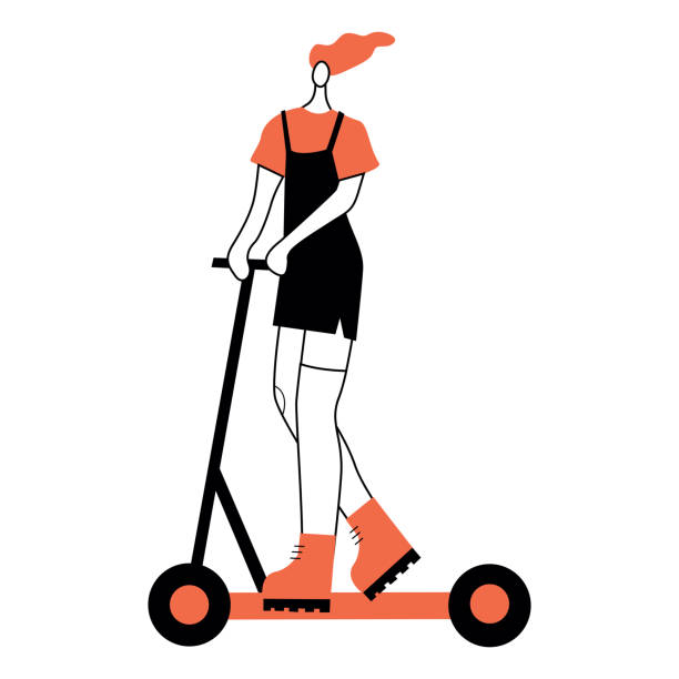 istock Vector illustration with woman riding kick scooter. Cartoon charcater. 1308468148