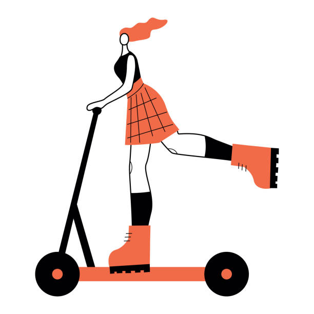 istock Vector illustration with woman riding kick scooter. Cartoon charcater. 1308468173