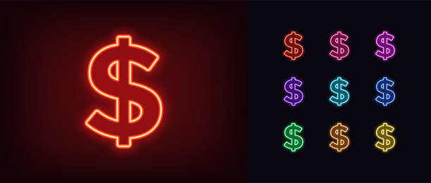 Neon dollar icon. Glowing neon dollar sign, outline money symbol Neon dollar icon. Glowing neon dollar sign, outline money symbol in vivid colors. Online banking and investment, currency exchange. Icon set, sign, silhouette for UI. Vector illustration banking silhouettes stock illustrations