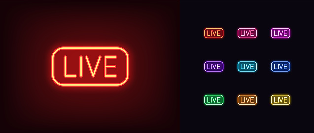 Neon live stream icon. Glowing neon broadcasting sign, outline logo and symbol in vivid colors. Streaming tag, online webinar, gaming livestream. Icon set, sign, silhouette for UI. Vector illustration