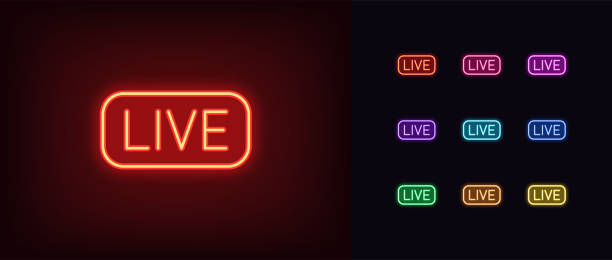 Neon live stream icon. Glowing neon broadcasting sign, outline logo and symbol Neon live stream icon. Glowing neon broadcasting sign, outline logo and symbol in vivid colors. Streaming tag, online webinar, gaming livestream. Icon set, sign, silhouette for UI. Vector illustration Stream stock illustrations