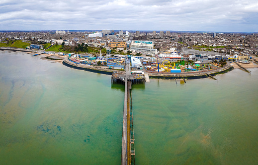 Aerial view of the Southend Pier, a major landmark in Southend-on-Sea and the longest pleasure pier in the whole world
