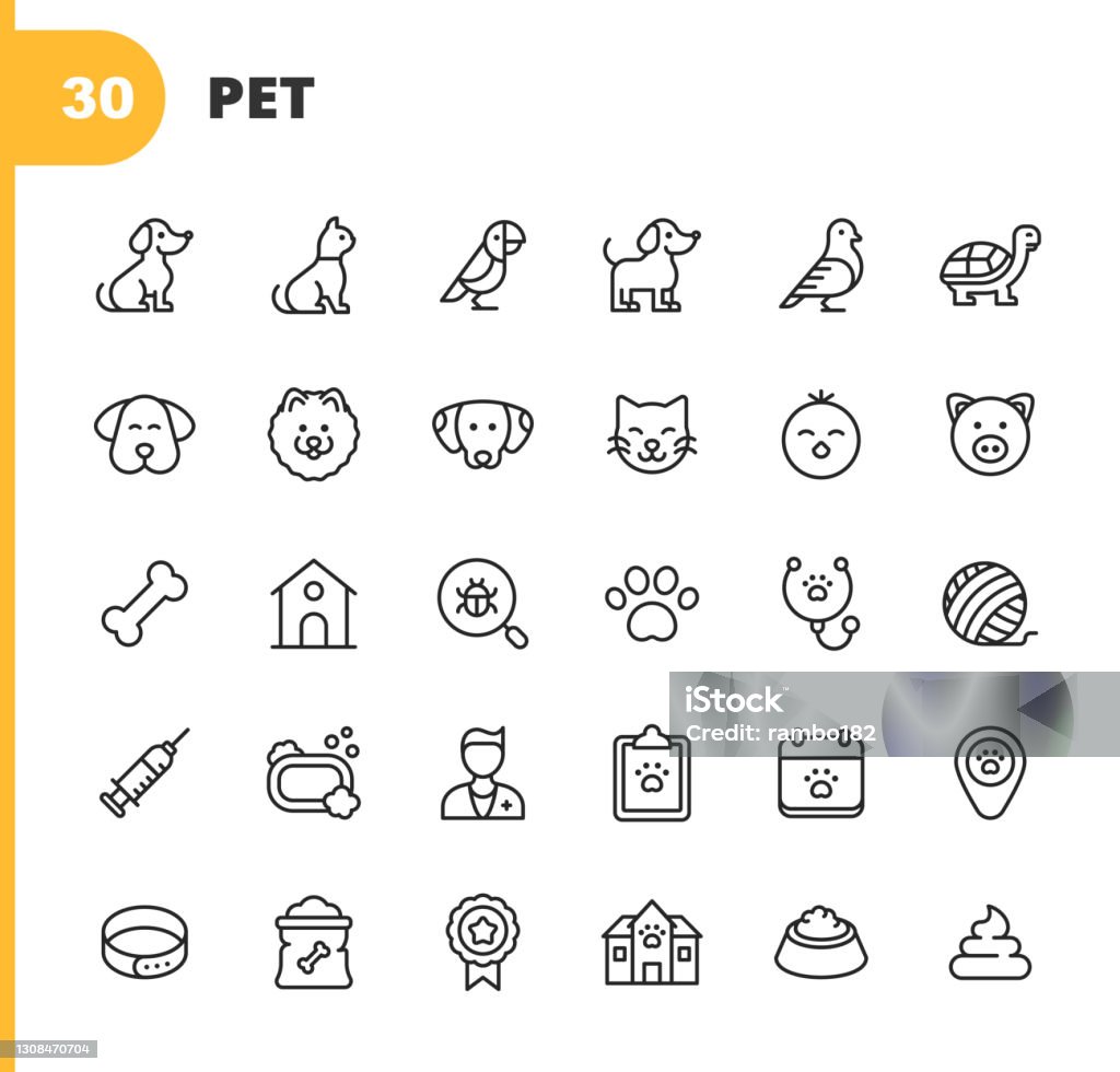 Pet Line Icons. Editable Stroke. Pixel Perfect. For Mobile and Web. Contains such icons as Dog, Cat, Parrot, Puppy, Bird, Tortoise, Kitten, Chick, Pig, Dog Bone, Hut, Vet, Dog Paw, Syringe, Vaccine, Bath, Shelter, Award, Food, Poop, Domestic Animal, Pet. 30 Animal Outline Icons. Dog, Cat, Parrot, Puppy, Bird, Tortoise, Kitten, Chick, Pig, Dog Bone, Hut, Medical Exam, Vet, Dog Paw, Syringe, Vaccine, Bath, Shelter, Award, Food, Poop, Domestic Animal, Pet. Icon stock vector