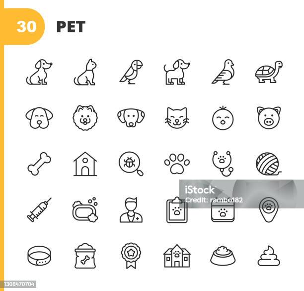 Pet Line Icons Editable Stroke Pixel Perfect For Mobile And Web Contains Such Icons As Dog Cat Parrot Puppy Bird Tortoise Kitten Chick Pig Dog Bone Hut Vet Dog Paw Syringe Vaccine Bath Shelter Award Food Poop Domestic Animal Pet Stock Illustration - Download Image Now